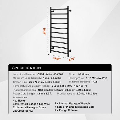 10-Bar Wall Mounted Heated Towel Rack for Bathroom Black