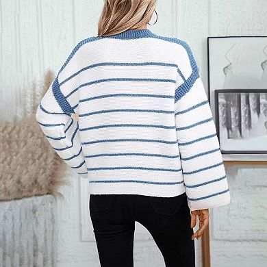 Women's Striped Drop-Shoulder Sweater Oversized Crewneck Knit Pullover