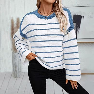 Women's Striped Drop-Shoulder Sweater Oversized Crewneck Knit Pullover