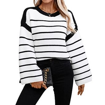 Women's Striped Drop-Shoulder Sweater Oversized Crewneck Knit Pullover