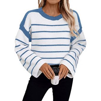 Women's Striped Drop-Shoulder Sweater Oversized Crewneck Knit Pullover