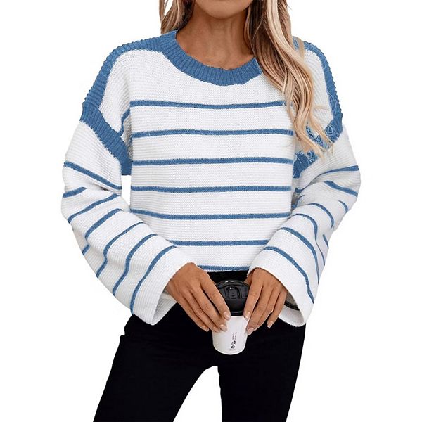 Women's Striped Drop-Shoulder Sweater Oversized Crewneck Knit Pullover
