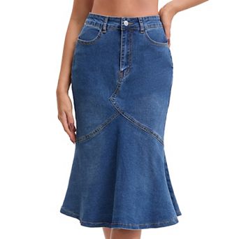 Womens Bodycon Fishtail Denim Skirt High Waisted Ruffled Knee Length Jean Skirt