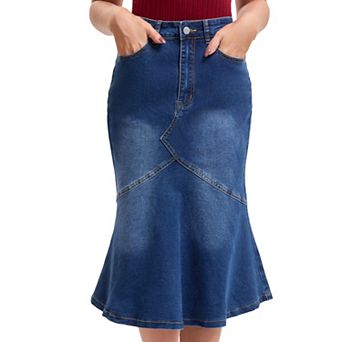Womens Bodycon Fishtail Denim Skirt High Waisted Ruffled Knee Length Jean Skirt