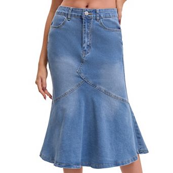 Womens Bodycon Fishtail Denim Skirt High Waisted Ruffled Knee Length Jean Skirt