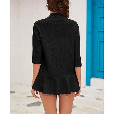 Women's Spring Cardigan 3/4 Sleeve Open Front Jacquard Weave with Flounce Hem