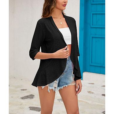 Women's Spring Cardigan 3/4 Sleeve Open Front Jacquard Weave with Flounce Hem