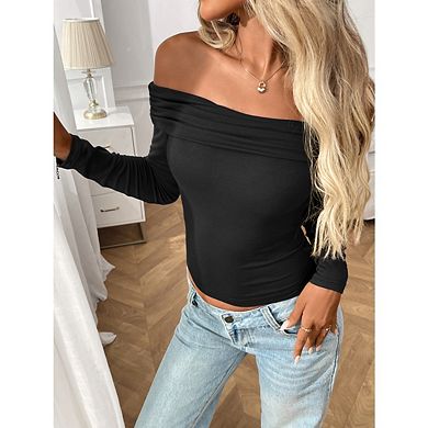 Women's Off The Shoulder Tops Ruched Long Sleeve Slim Shirt Going Out Outfits Crop Tops