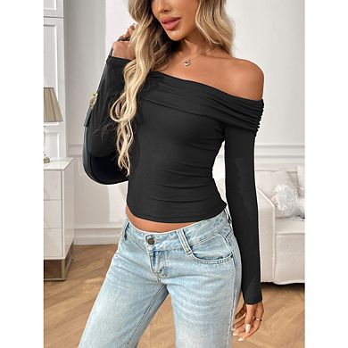 Women's Off The Shoulder Tops Ruched Long Sleeve Slim Shirt Going Out Outfits Crop Tops
