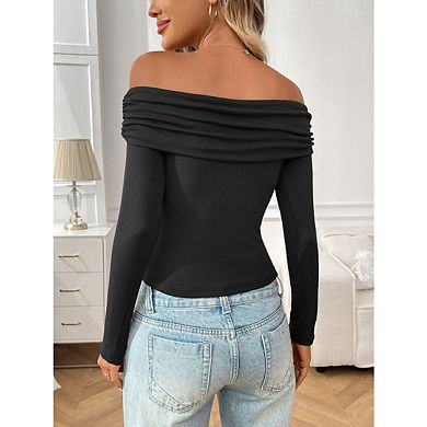 Women's Off The Shoulder Tops Ruched Long Sleeve Slim Shirt Going Out Outfits Crop Tops