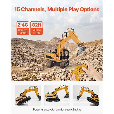 3-in-1 Remote Control Excavator with Metal Shovel, 1:14 Scale for Kids