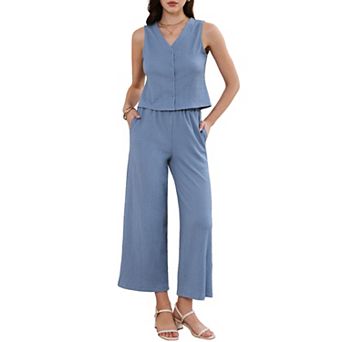 2 pc Sets for Women's High Waist Pockets Textured Dressy Casual Lounge Pants Suit Set