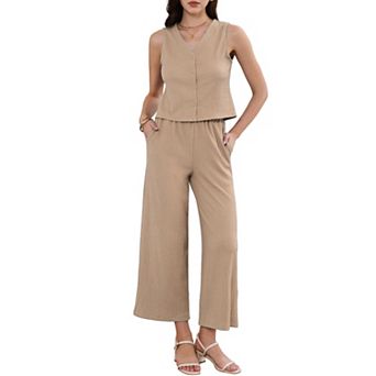 2 pc Sets for Women's High Waist Pockets Textured Dressy Casual Lounge Pants Suit Set