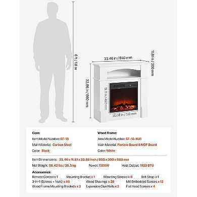 33" Freestanding Electric Fireplace Stove Heater with Mantel 1500W White