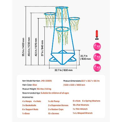 4-Hoop Kids Basketball Set with Adjustable Height & 3 Balls