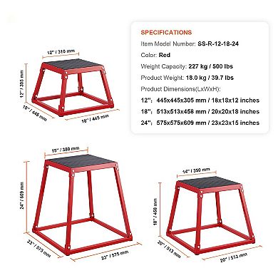3-in-1 Plyometric Jump Box Set, 12/18/24 Inch Anti-Slip Agility Box, Red