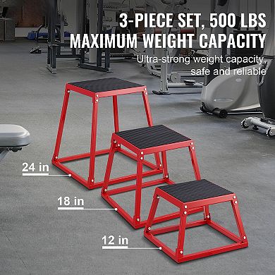 3-in-1 Plyometric Jump Box Set, 12/18/24 Inch Anti-Slip Agility Box, Red