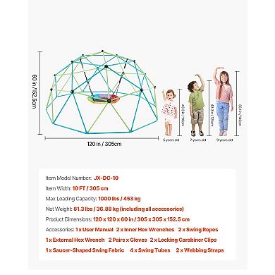 10FT Kids Climbing Dome 1000 LB Capacity with Saucer Swing