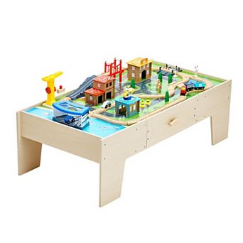 3-in-1 Wooden Train Activity Table with Storage Drawer for Playing & Drawing
