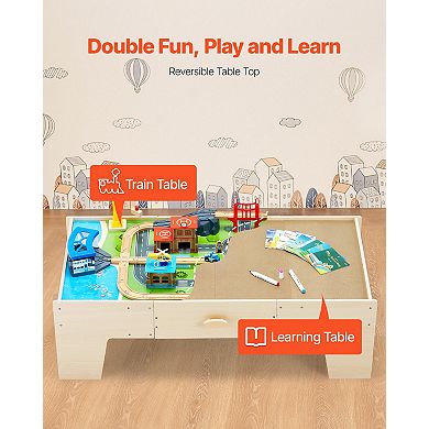 3-in-1 Wooden Train Activity Table with Storage Drawer for Playing & Drawing