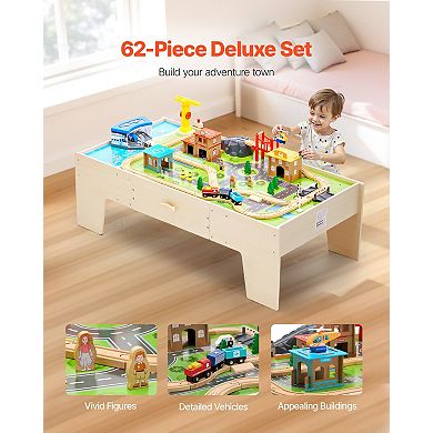 3-in-1 Wooden Train Activity Table with Storage Drawer for Playing & Drawing