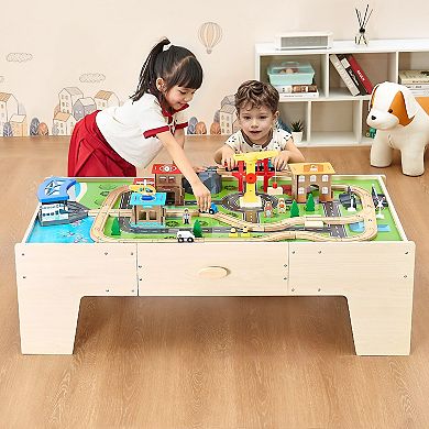 3-in-1 Wooden Train Activity Table with Storage Drawer for Playing & Drawing