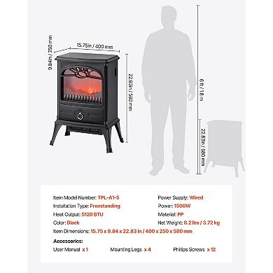 22.8" Freestanding Electric Fireplace Stove Heater 1500W Realistic Flames