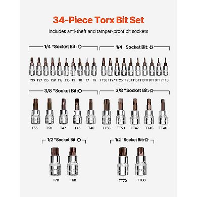 34-Piece Torx Bit Socket Set with Tamper-Proof & Standard Sizes