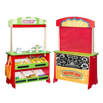 2-in-1 Wooden Puppet Theater & Grocery Store with Cash Register