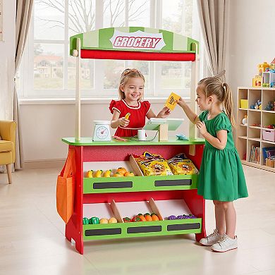 2-in-1 Wooden Puppet Theater & Grocery Store with Cash Register