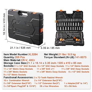 205-Piece Mechanics Tool Set with 1/4"-1/2" Drive Sockets & Wrenches