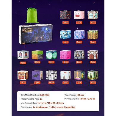 100-Piece Magnetic Blocks, Cemetery Zombies Set for Kids 3+