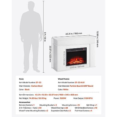 43" Freestanding Electric Fireplace Stove Heater with Mantel 1500W White