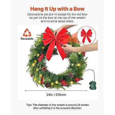 24" Pre-Lit Christmas Wreath with Pine Cones & Berries