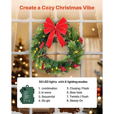 24" Pre-Lit Christmas Wreath with Pine Cones & Berries