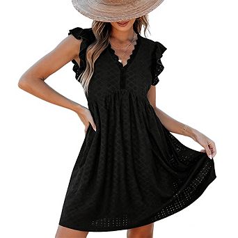 Women's V Neck Ruffle Short Sleeve Lace Trim Dress Casual Floral Elegant Sundress Midi Dress