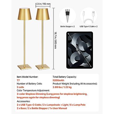 2-Pack Gold Cordless Table Lamps with Stepless Dimming & Adjustable Height