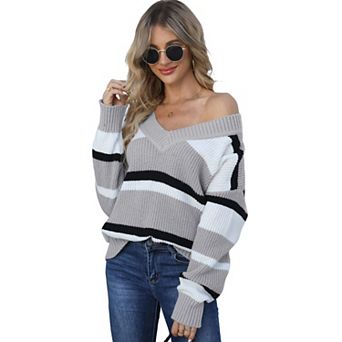 Womens Fall Casual Striped Sweater Knit Tops Long Sleeve Shirts V Neck T Shirts Soft Tunic Blouse