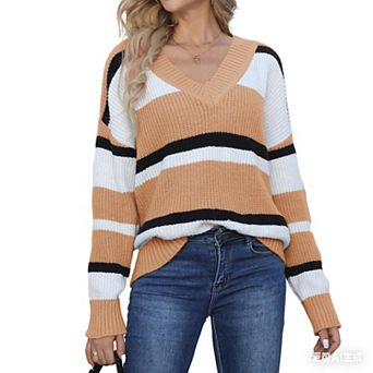 Womens Fall Casual Striped Sweater Knit Tops Long Sleeve Shirts V Neck T Shirts Soft Tunic Blouse