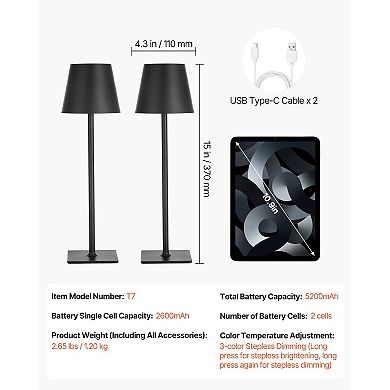 2-Pack Black Cordless Lamps with 3000-6500K Color Temperature Range