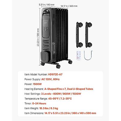 1500W Oil Filled Radiator with Digital Controls & 24-Hour Timer