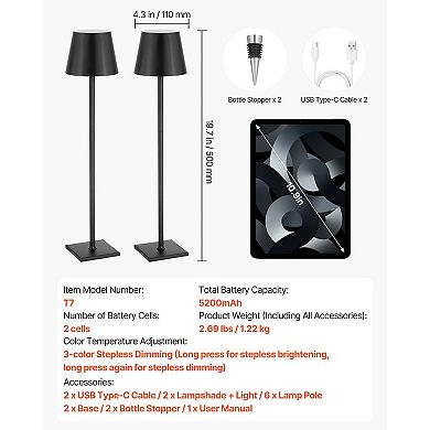 2-Pack Black Cordless Table Lamps with Detachable Lampshades