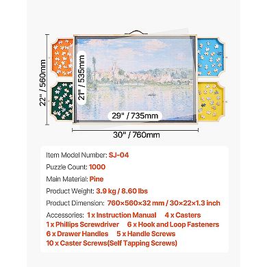 1000-Piece Rotating Puzzle Board 29"x21" with Felt Drawers