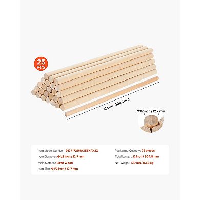 25-Pack 1/2x12 Inch Wooden Dowel Rods for Craft Projects