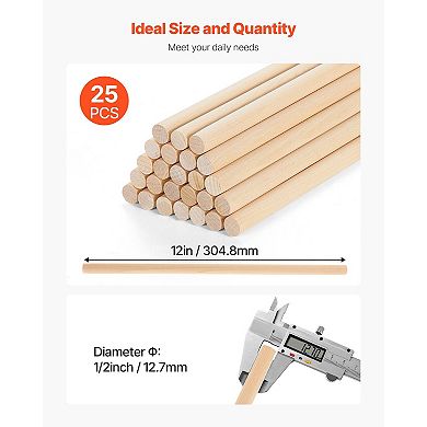25-Pack 1/2x12 Inch Wooden Dowel Rods for Craft Projects