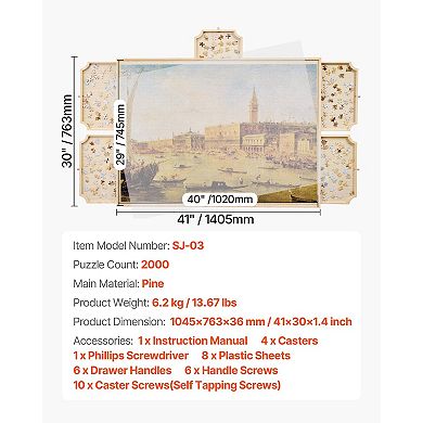2000-Piece Rotating Puzzle Board 40"x29" with Drawers and Cover