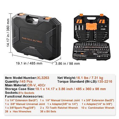 145-Piece Professional Tool Set with SAE/Metric Sockets & Storage Case