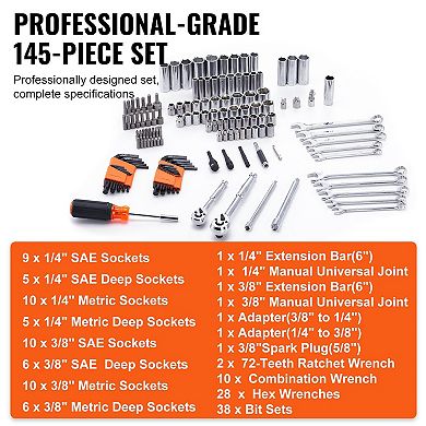 145-Piece Professional Tool Set with SAE/Metric Sockets & Storage Case