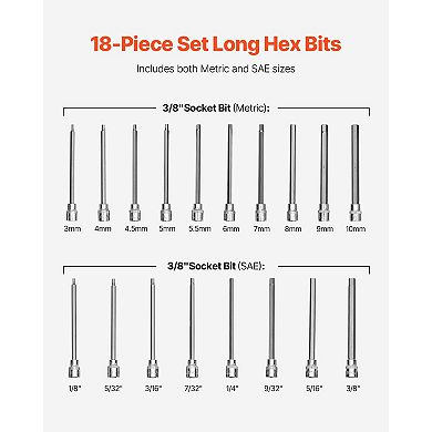 18-Piece Extra Long Allen Hex Bit Set for Hard-to-Reach Applications