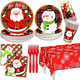 Santa Claus and Snowman Christmas Party Supplies, Christmas Red and Green Plaid Disposable